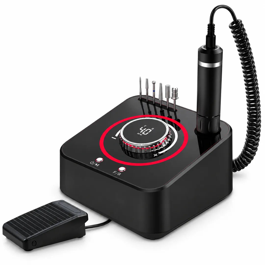 Wellstry UV-601 black 48W desktop nail drill with handpiece foot pedal and drill bits on a white background