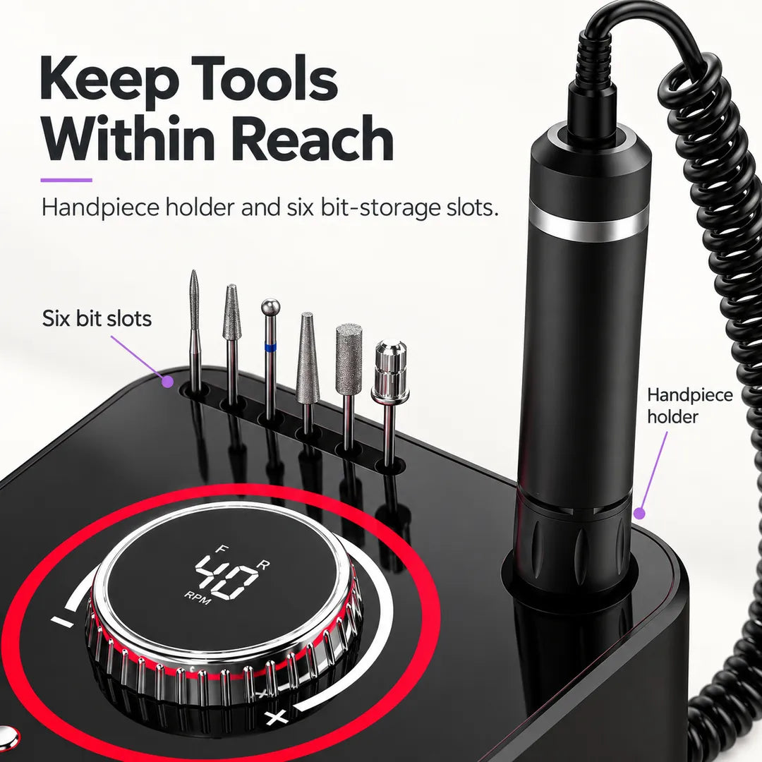 UV-601 desktop nail drill with handpiece holder and six drill bit storage slots