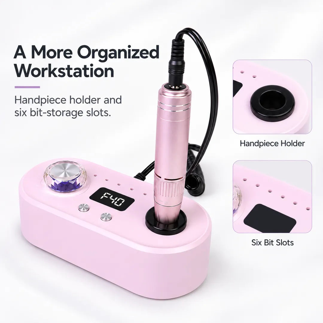 UV-701 nail drill with handpiece holder and six drill bit storage slots