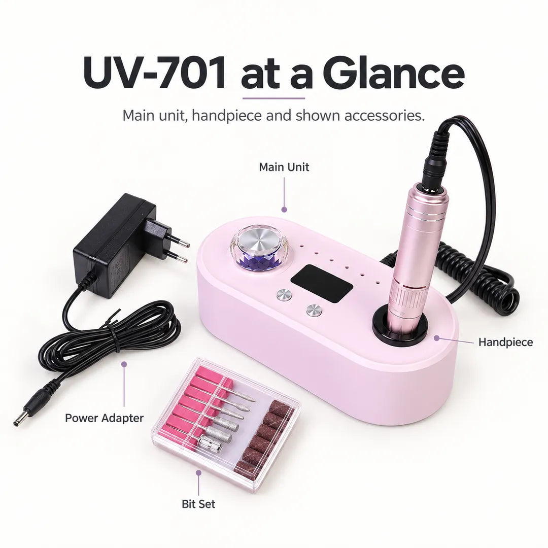 UV-701 nail drill with handpiece power adapter and drill bit set