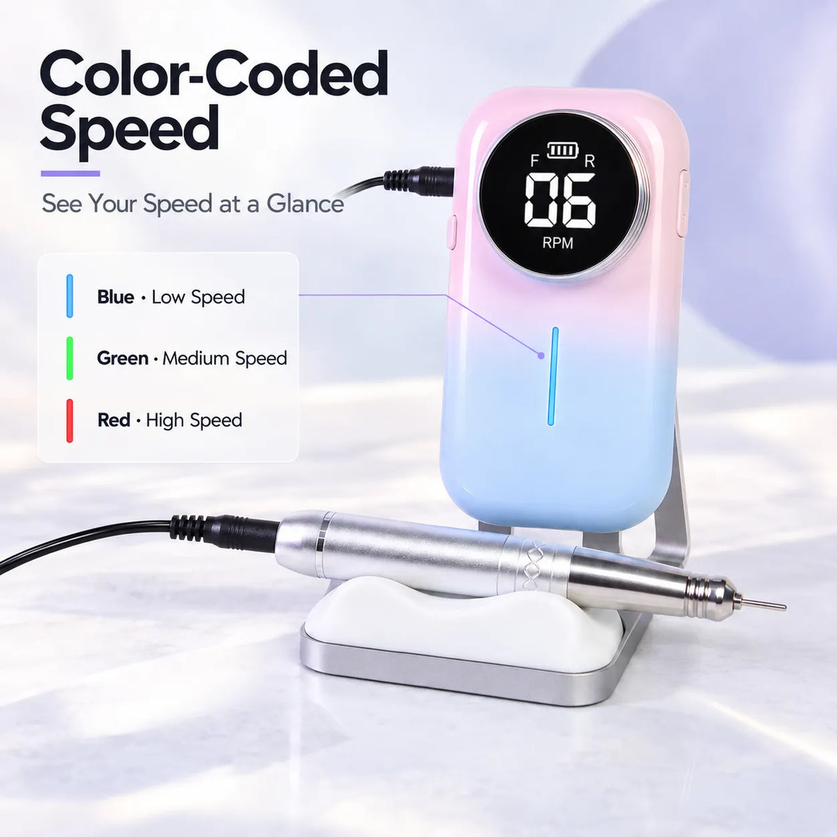 UV-805 cordless nail drill with blue green and red color-coded speed indicator light