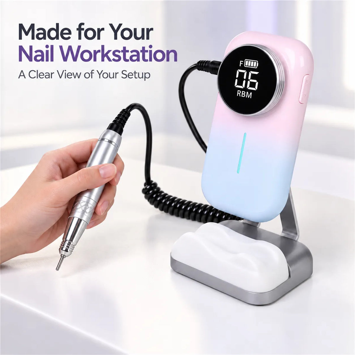 Wellstry UV-805 cordless nail drill at a professional nail workstation