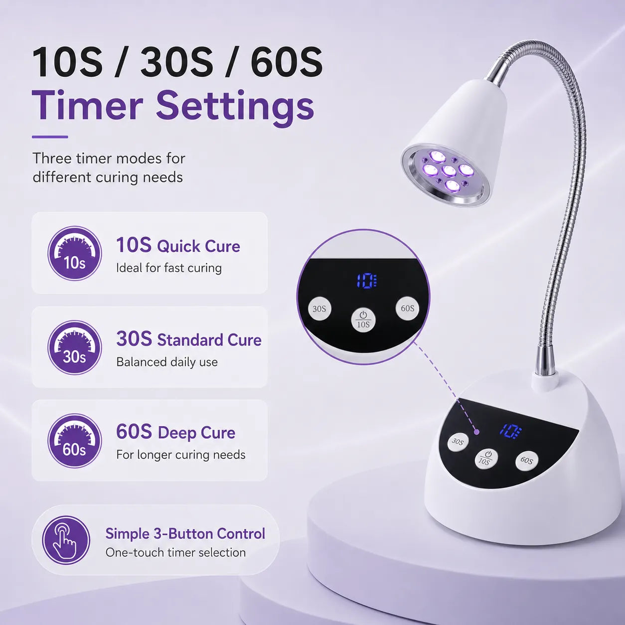 V1 nail desk lamp with 10, 30 and 60 second timer settings