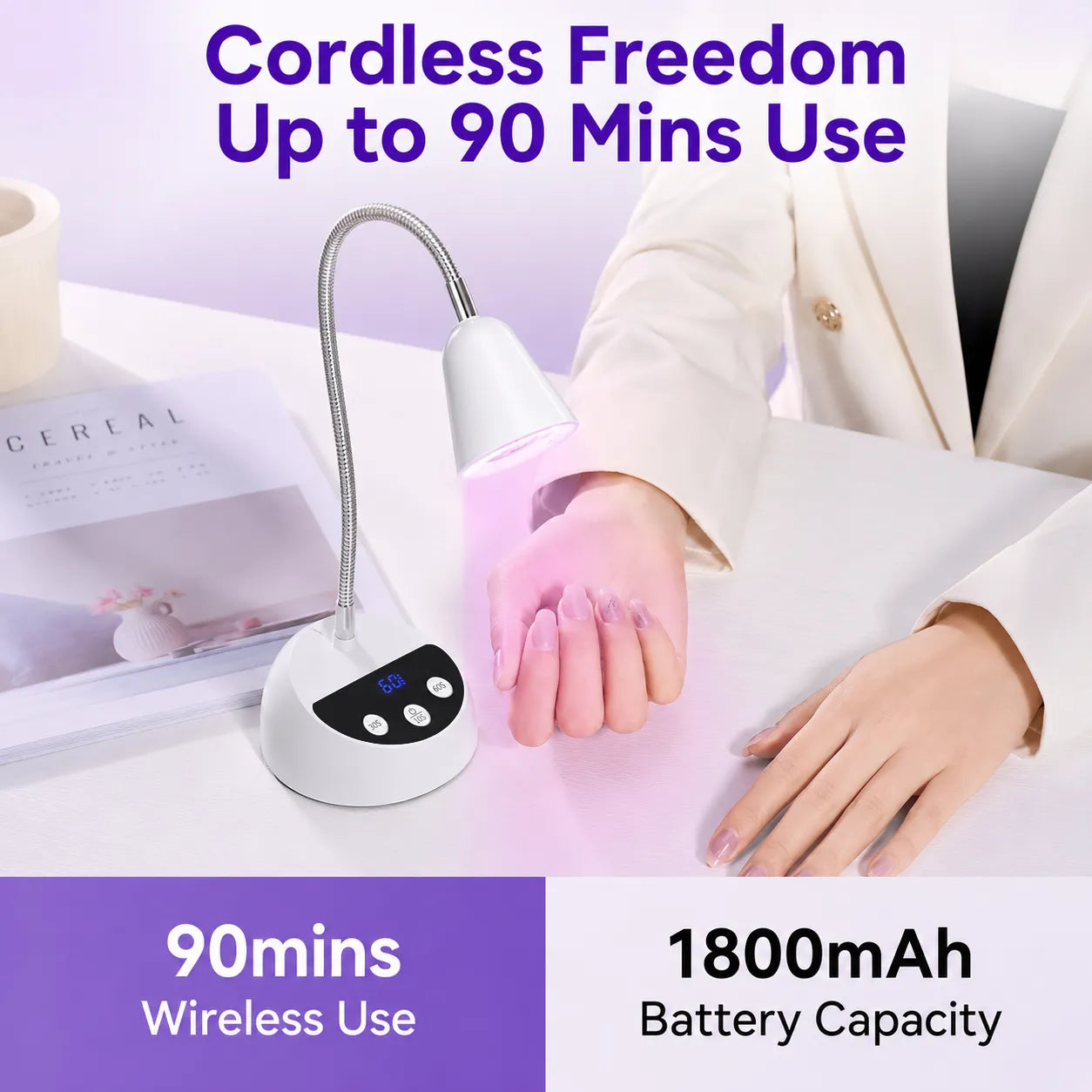 V1 cordless nail desk lamp providing up to 90 minutes of use