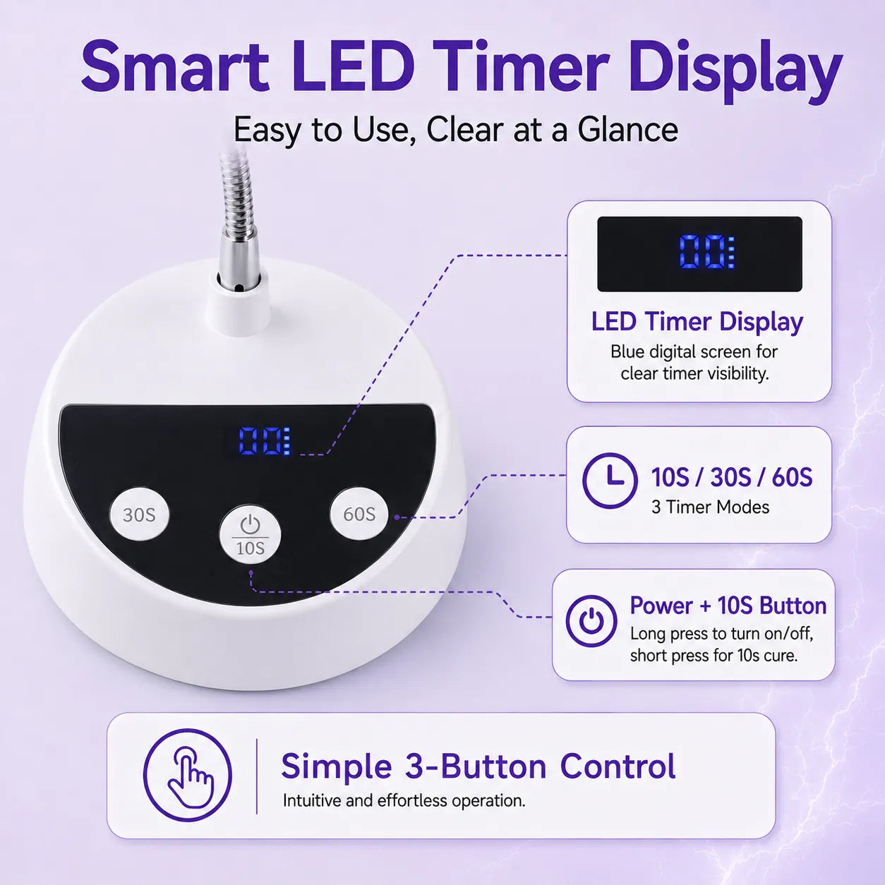 V1 nail desk lamp LED timer display and three-button controls