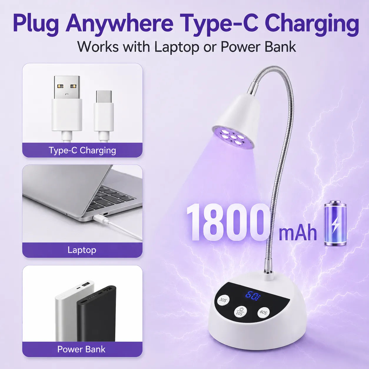 V1 Type-C rechargeable nail desk lamp with 1800mAh battery