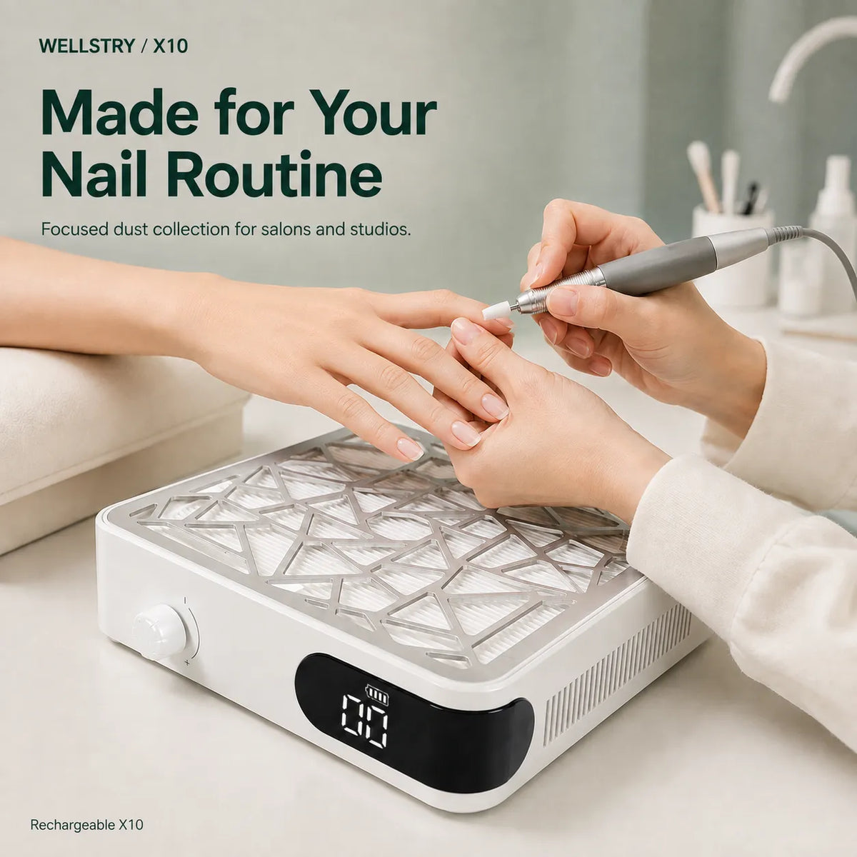 Wellstry X10 cordless nail dust collector used during a salon manicure