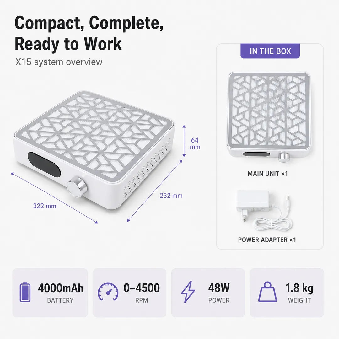 X15 nail dust collector dimensions 4000mAh battery 48W power and package contents