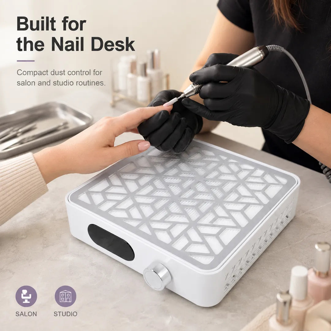 Wellstry X15 nail dust collector used at a professional salon nail desk